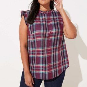 LOFT Burgundy Plaid Ruffle Sleeveless Top